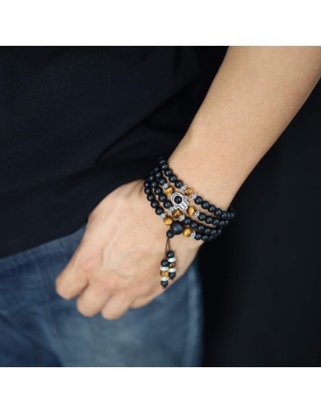108 Mala Black Stone Hamsa Hand Bracelet Necklace