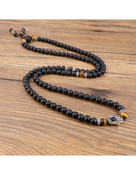 108 Mala Black Stone Hamsa Hand Bracelet Necklace