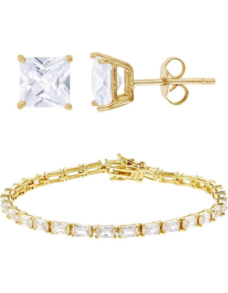 Sterling Silver Yellow 6mm Princess Cut Cubic Zirconia Solitaire Studs & Straight Baguette Cubic Zirconia Tennis 7"Bracelet Set