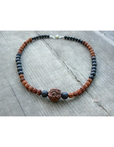 Rudraksha Necklace HANDMADE, Shiva Jewelry for Men Women, 5 Mukhi Face Energized Rudraksh Bead, Hindu Spiritual Protection Mala Necklace, Black Lava