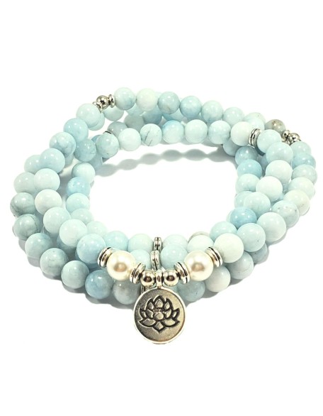 108 Mala Beads Mint Aquamarine & Lotus Charm POWERFUL EMOTIONAL HEALER Real Natural Stones Stretchy Yoga Bracelet Meditation Chakra Necklace US HANDMADE