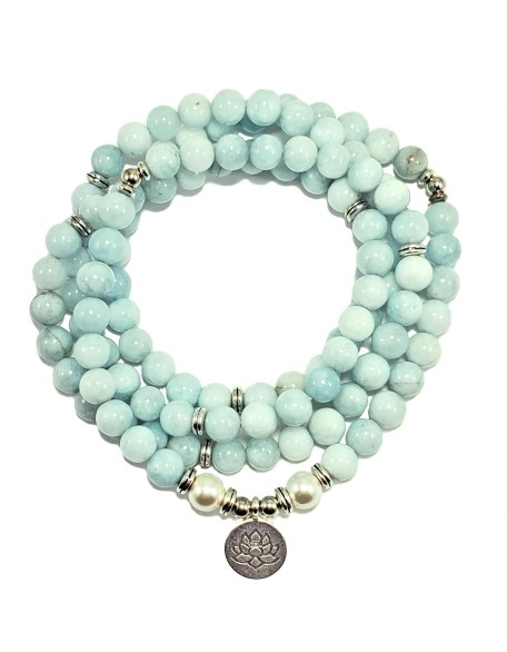108 Mala Beads Mint Aquamarine & Lotus Charm POWERFUL EMOTIONAL HEALER Real Natural Stones Stretchy Yoga Bracelet Meditation Chakra Necklace US HANDMADE