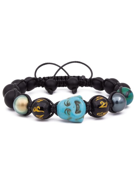 Blue Smiling Buddha, Unisex Mens Beads Bracelet, Macrame Bracelet w/Swarovski Elements Black Onyx, Blue Turquoise, Mala, Mantra, Yoga Bracelet Crux Crystals