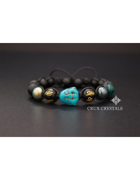 Blue Smiling Buddha, Unisex Mens Beads Bracelet, Macrame Bracelet w/Swarovski Elements Black Onyx, Blue Turquoise, Mala, Mantra, Yoga Bracelet Crux Crystals