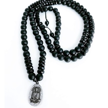 Men's 30" Black Onyx + Faceted Obsidian Necklace + Rhodium Buddha Pendant