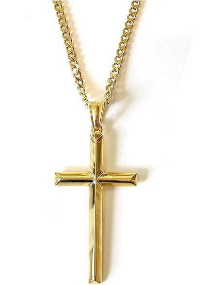 24K Gold Chain Style Cross Pendant Necklace Strong Clasp for MEN 24ct 3MM Thin for Charms Miami Cuban Link Diamond Cut Religious Beveled Edge