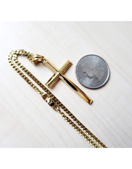 24K Gold Chain Style Cross Pendant Necklace Strong Clasp for MEN 24ct 3MM Thin for Charms Miami Cuban Link Diamond Cut Religious Beveled Edge