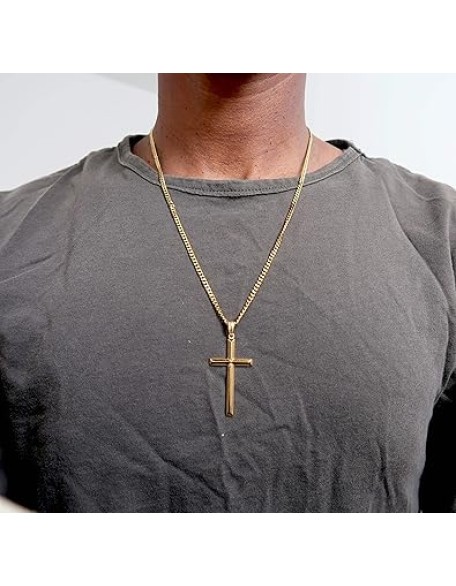 24K Gold Chain Style Cross Pendant Necklace Strong Clasp for MEN 24ct 3MM Thin for Charms Miami Cuban Link Diamond Cut Religious Beveled Edge
