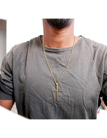 24K Gold Chain Style Cross Pendant Necklace Strong Clasp for MEN 24ct 3MM Thin for Charms Miami Cuban Link Diamond Cut Religious Beveled Edge