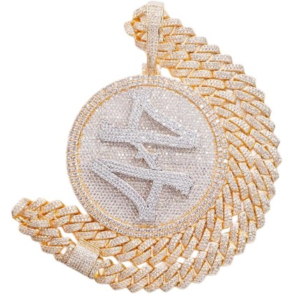 14K Hip Hop Jumbo 44 Rotating Medal Pendant with 14mm Cuban Link Chain, Gold Plated Iced Out Super Sparkling CZ Diamond Necklace for Men