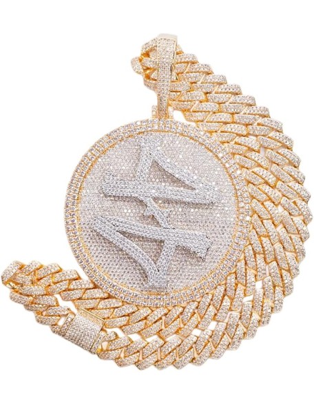 14K Hip Hop Jumbo 44 Rotating Medal Pendant with 14mm Cuban Link Chain, Gold Plated Iced Out Super Sparkling CZ Diamond Necklace for Men