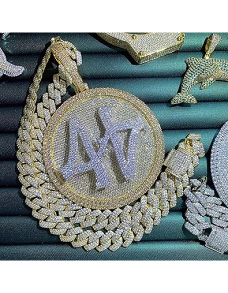 14K Hip Hop Jumbo 44 Rotating Medal Pendant with 14mm Cuban Link Chain, Gold Plated Iced Out Super Sparkling CZ Diamond Necklace for Men