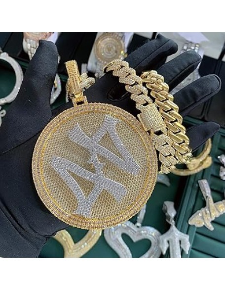 14K Hip Hop Jumbo 44 Rotating Medal Pendant with 14mm Cuban Link Chain, Gold Plated Iced Out Super Sparkling CZ Diamond Necklace for Men
