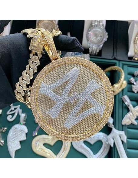 14K Hip Hop Jumbo 44 Rotating Medal Pendant with 14mm Cuban Link Chain, Gold Plated Iced Out Super Sparkling CZ Diamond Necklace for Men
