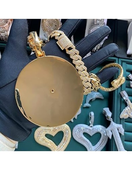 14K Hip Hop Jumbo 44 Rotating Medal Pendant with 14mm Cuban Link Chain, Gold Plated Iced Out Super Sparkling CZ Diamond Necklace for Men