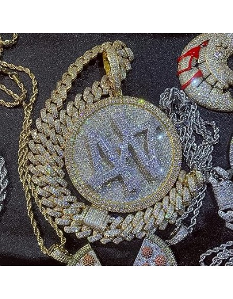 14K Hip Hop Jumbo 44 Rotating Medal Pendant with 14mm Cuban Link Chain, Gold Plated Iced Out Super Sparkling CZ Diamond Necklace for Men