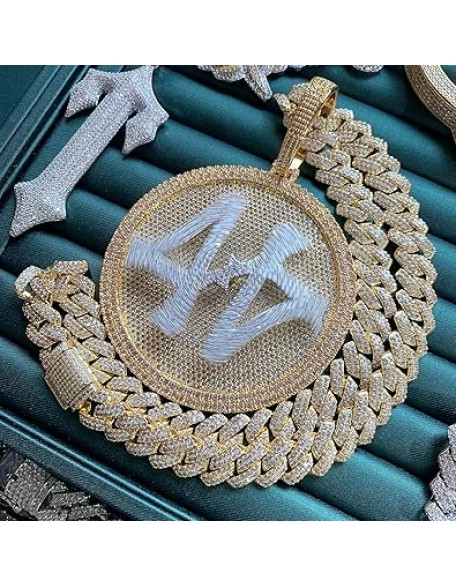 14K Hip Hop Jumbo 44 Rotating Medal Pendant with 14mm Cuban Link Chain, Gold Plated Iced Out Super Sparkling CZ Diamond Necklace for Men