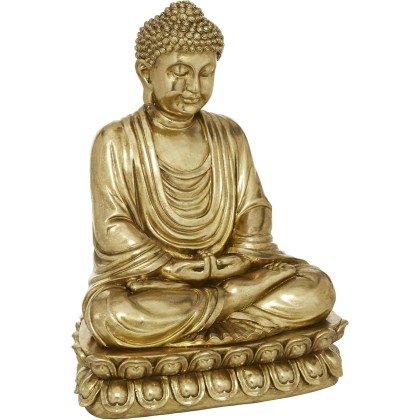 Polystone Buddha Decorative Sculpture Meditating Home Decor Statue with Engraved Carvings and Relief Detailing, Accent Figurine 12" x 9" x 16", Gold