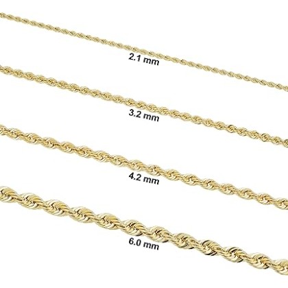 Solid 14k Yellow Gold Filled Rope Chain Necklace for Men and Women (2.1 mm, 3.2 mm, 4.2 mm or 6 mm)