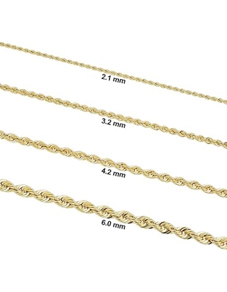 Solid 14k Yellow Gold Filled Rope Chain Necklace for Men and Women (2.1 mm, 3.2 mm, 4.2 mm or 6 mm)