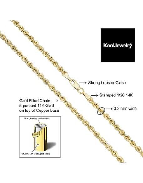 Solid 14k Yellow Gold Filled Rope Chain Necklace for Men and Women (2.1 mm, 3.2 mm, 4.2 mm or 6 mm)