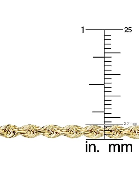 Solid 14k Yellow Gold Filled Rope Chain Necklace for Men and Women (2.1 mm, 3.2 mm, 4.2 mm or 6 mm)