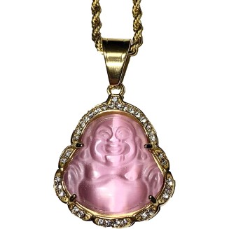 Laughing Buddha Pink Jade Iced Diamond Pendant Necklace Rope Chain Genuine Certified Grade A Jadeite Jade Hand Crafted, Natural Green Obsidian Healing Crystal Buddha Mala Statue Prayer Necklace