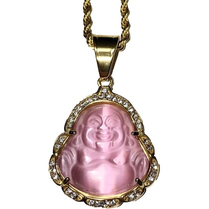 Laughing Buddha Pink Jade Iced Diamond Pendant Necklace Rope Chain Genuine Certified Grade A Jadeite Jade Hand Crafted, Natural Green Obsidian Healing Crystal Buddha Mala Statue Prayer Necklace