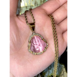 Laughing Buddha Pink Jade Iced Diamond Pendant Necklace Rope Chain Genuine Certified Grade A Jadeite Jade Hand Crafted, Natural Green Obsidian Healing Crystal Buddha Mala Statue Prayer Necklace