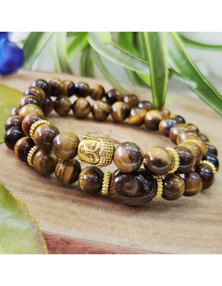 Tiger Eye Stone Buddha Double Fold Bracelet,Double Men's Gemstone Mala Wrap,Double Wrap Buddha Head Natural Healing Bracelet, Beaded Bracelet, Mala Bracelet for Men & Women (Brown)