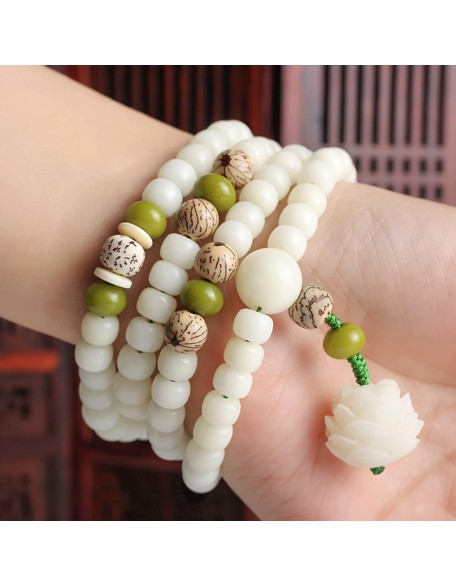 White Jade Natural Bodhi Root 108 Mala Prayer Mantra Beads Meditation 5-Layer Lotus Hand String Multiplayer Bracelet