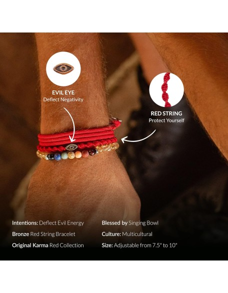 Guardian of Blessing, Men's Red String Bronze Charm Bracelet, Handmade in Bali for Protection, Adjustable Size