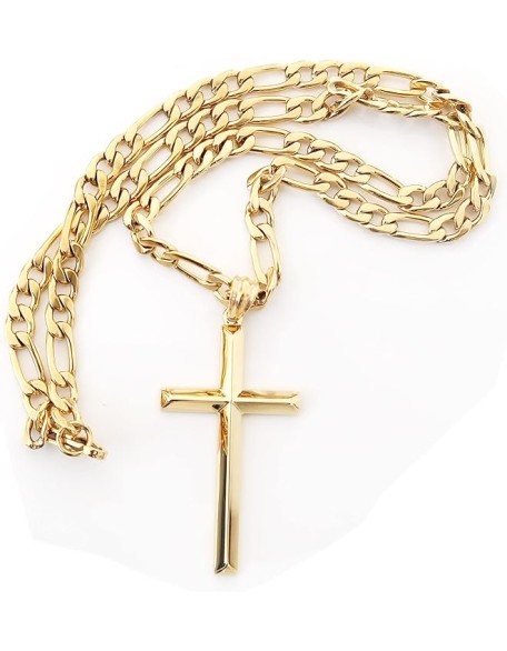 24K Gold Figaro Chain Style Cross Pendant Necklace 5MM Cross Necklace Clasp for MEN, HUSBAND Thin for Charms Miami Cuban Link Diamond Cut Religious Beveled Edge