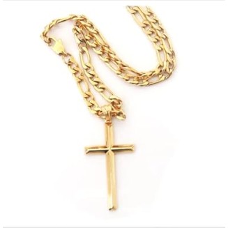 24K Gold Figaro Chain Style Cross Pendant Necklace 5MM Cross Necklace Clasp for MEN, HUSBAND Thin for Charms Miami Cuban Link Diamond Cut Religious Beveled Edge