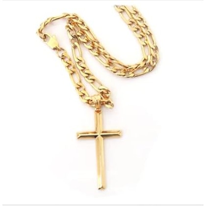 24K Gold Figaro Chain Style Cross Pendant Necklace 5MM Cross Necklace Clasp for MEN, HUSBAND Thin for Charms Miami Cuban Link Diamond Cut Religious Beveled Edge