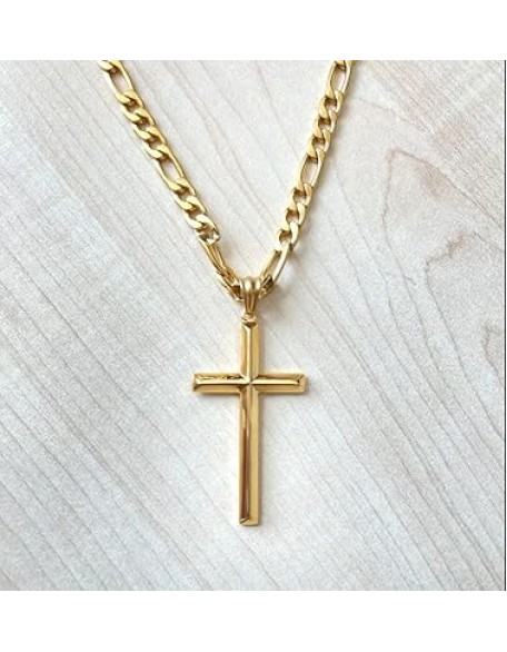 24K Gold Figaro Chain Style Cross Pendant Necklace 5MM Cross Necklace Clasp for MEN, HUSBAND Thin for Charms Miami Cuban Link Diamond Cut Religious Beveled Edge