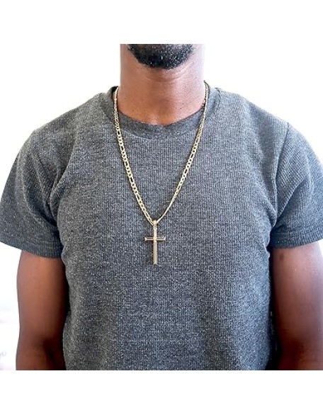 24K Gold Figaro Chain Style Cross Pendant Necklace 5MM Cross Necklace Clasp for MEN, HUSBAND Thin for Charms Miami Cuban Link Diamond Cut Religious Beveled Edge