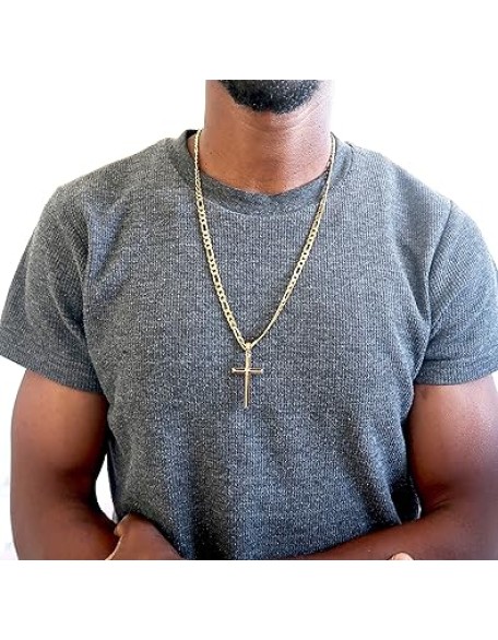24K Gold Figaro Chain Style Cross Pendant Necklace 5MM Cross Necklace Clasp for MEN, HUSBAND Thin for Charms Miami Cuban Link Diamond Cut Religious Beveled Edge