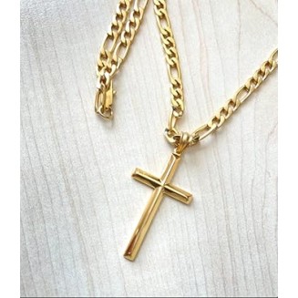 18K Gold Figaro Chain Style Cross Pendant Necklace 5MM Cross Necklace Clasp for MEN, HUSBAND Thin for Charms Miami Cuban Link Diamond Cut Religious Beveled Edge