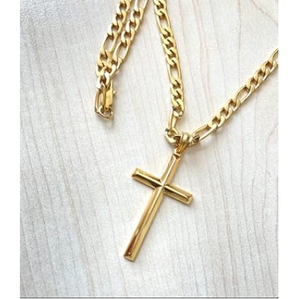 18K Gold Figaro Chain Style Cross Pendant Necklace 5MM Cross Necklace Clasp for MEN, HUSBAND Thin for Charms Miami Cuban Link Diamond Cut Religious Beveled Edge