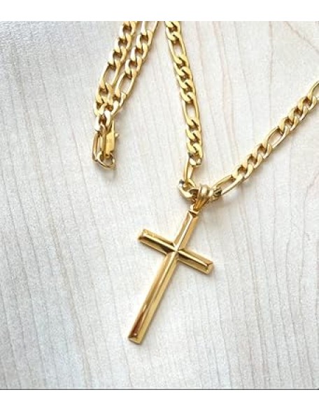 18K Gold Figaro Chain Style Cross Pendant Necklace 5MM Cross Necklace Clasp for MEN, HUSBAND Thin for Charms Miami Cuban Link Diamond Cut Religious Beveled Edge