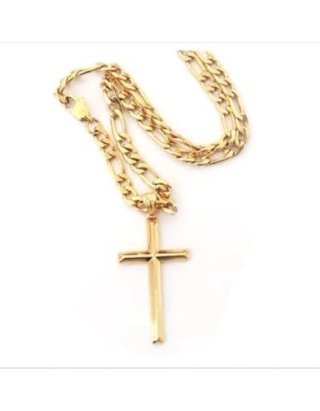 18K Gold Figaro Chain Style Cross Pendant Necklace 5MM Cross Necklace Clasp for MEN, HUSBAND Thin for Charms Miami Cuban Link Diamond Cut Religious Beveled Edge