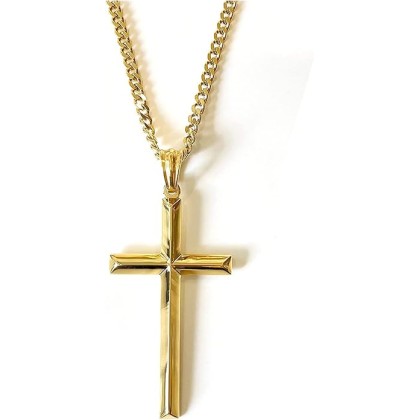 14K Gold Chain Style Cross Pendant Necklace Solid Clasp for Men, Husband Thin for Charms Miami Cuban Link Diamond Cut Religious Beveled Edge