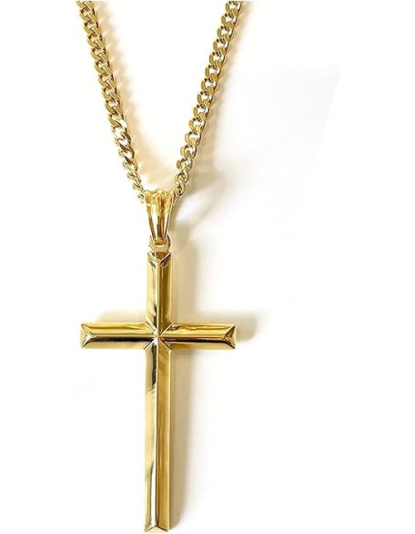 14K Gold Chain Style Cross Pendant Necklace Solid Clasp for Men, Husband Thin for Charms Miami Cuban Link Diamond Cut Religious Beveled Edge