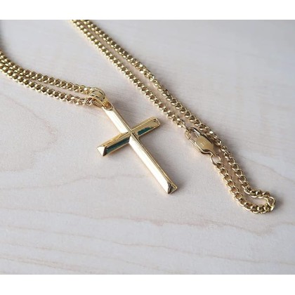 14K Gold Chain Style Cross Pendant Necklace Solid Clasp for Men, Husband Thin for Charms Miami Cuban Link Diamond Cut Religious Beveled Edge