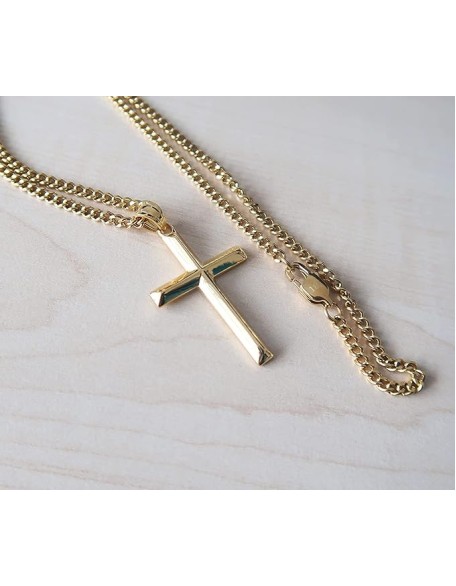 14K Gold Chain Style Cross Pendant Necklace Solid Clasp for Men, Husband Thin for Charms Miami Cuban Link Diamond Cut Religious Beveled Edge