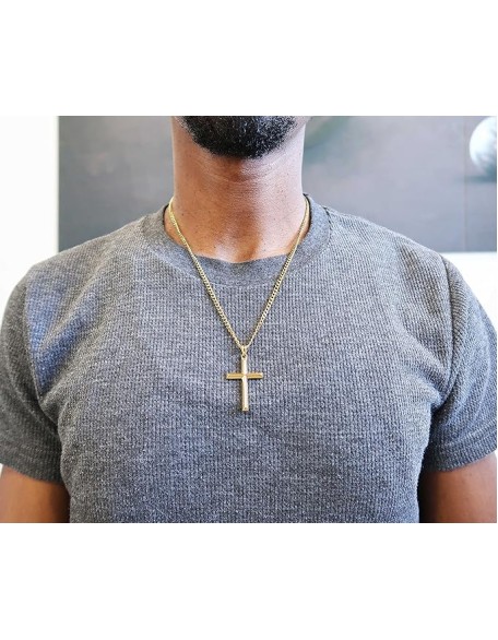 14K Gold Chain Style Cross Pendant Necklace Solid Clasp for Men, Husband Thin for Charms Miami Cuban Link Diamond Cut Religious Beveled Edge
