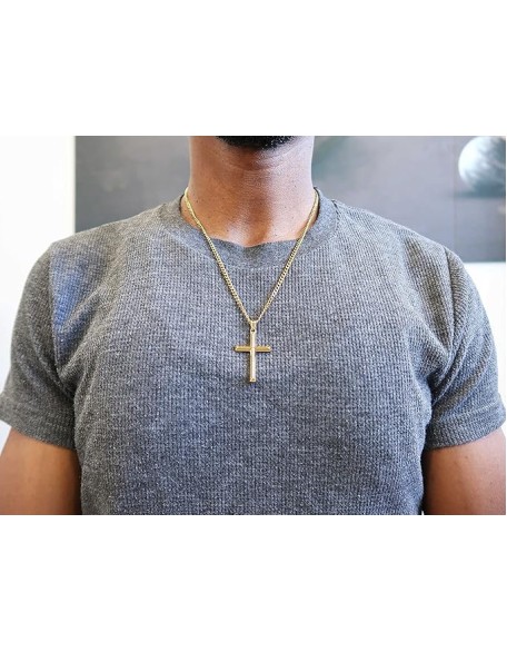 14K Gold Chain Style Cross Pendant Necklace Solid Clasp for Men, Husband Thin for Charms Miami Cuban Link Diamond Cut Religious Beveled Edge