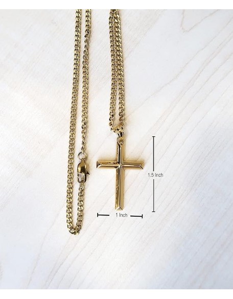 14K Gold Chain Style Cross Pendant Necklace Solid Clasp for Men, Husband Thin for Charms Miami Cuban Link Diamond Cut Religious Beveled Edge