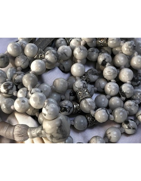 Hand Knotted White Howlite Mala Necklace (8mm 108 Beads, Zinc Alloy Spacers) - Gemini Birthstone, Zodiac Sign, and Throat Chakra